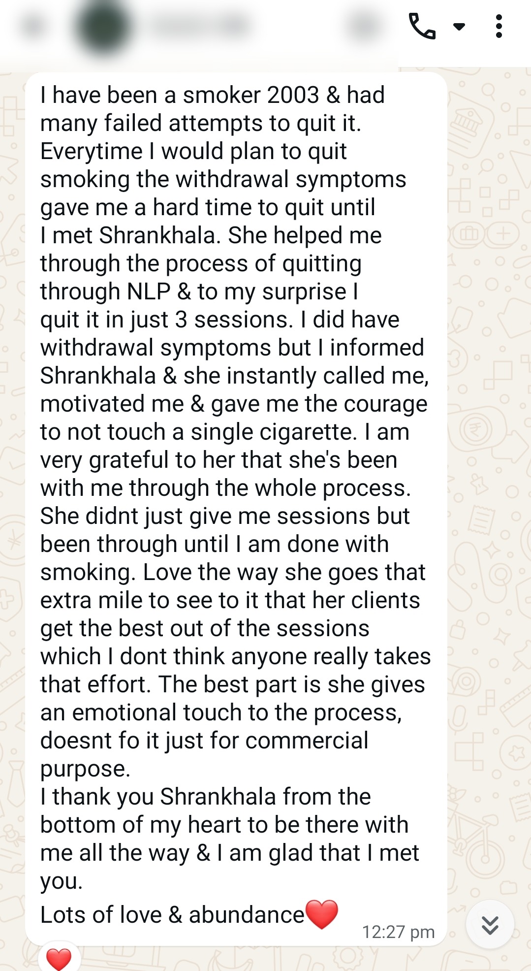 NLP testimonial shared by a verified client