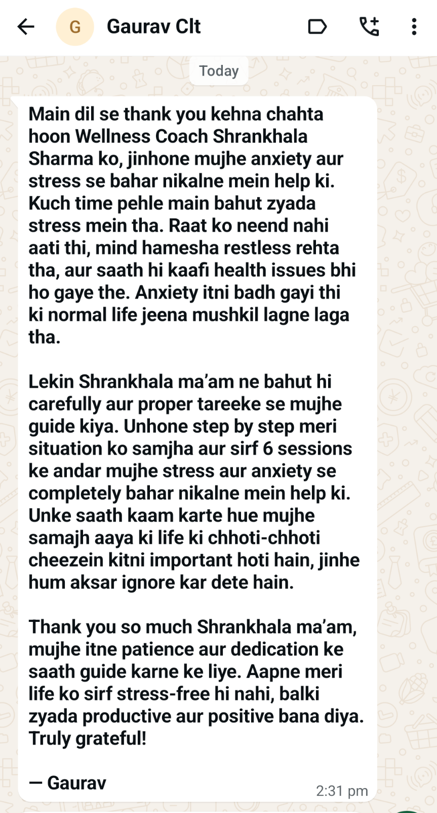 NLP testimonial shared by Gaurav