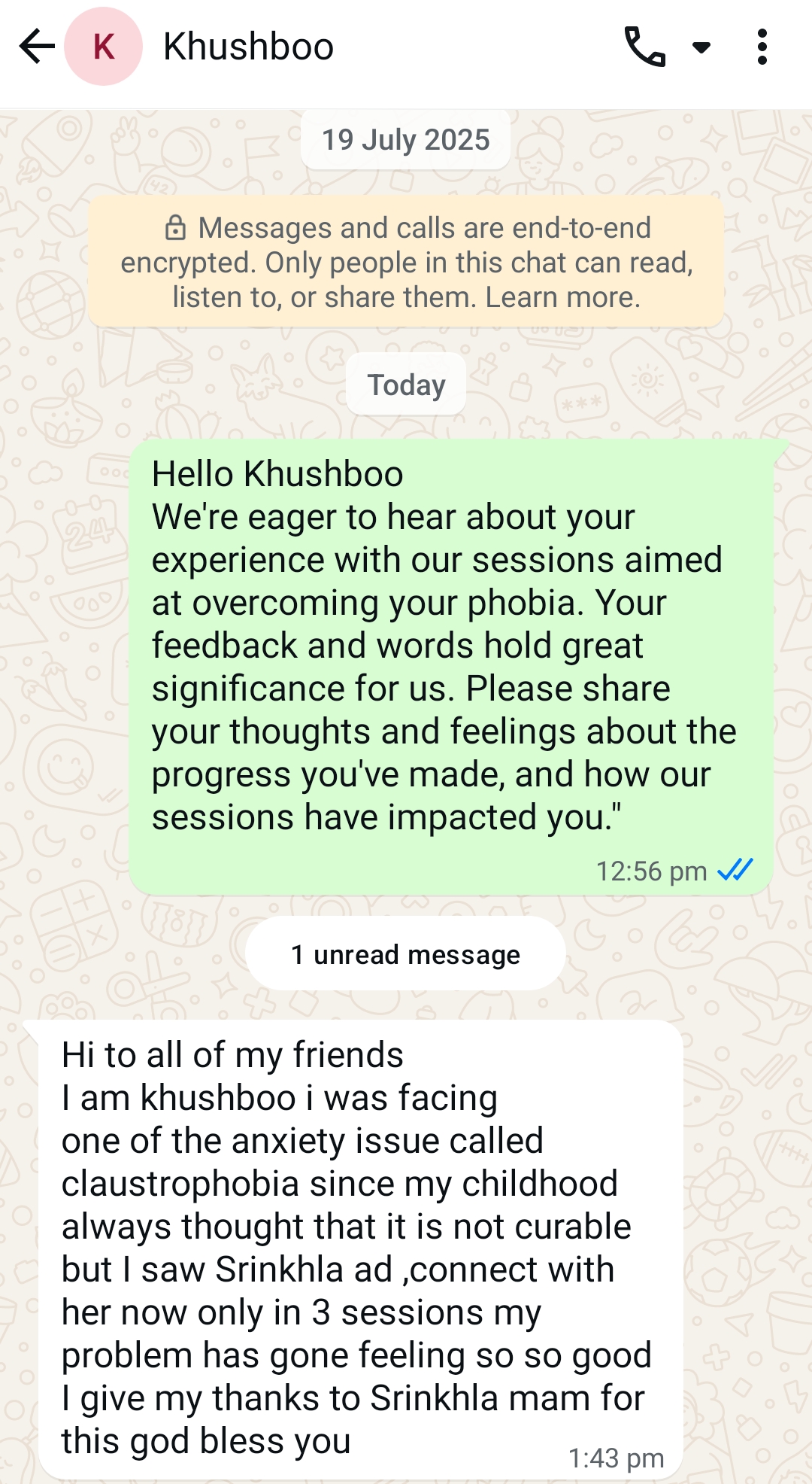NLP testimonial shared by Khushboo