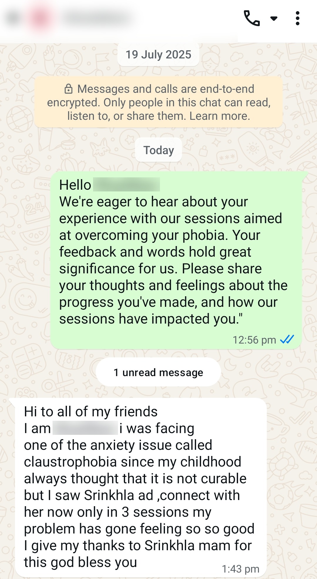 NLP testimonial shared by a verified client