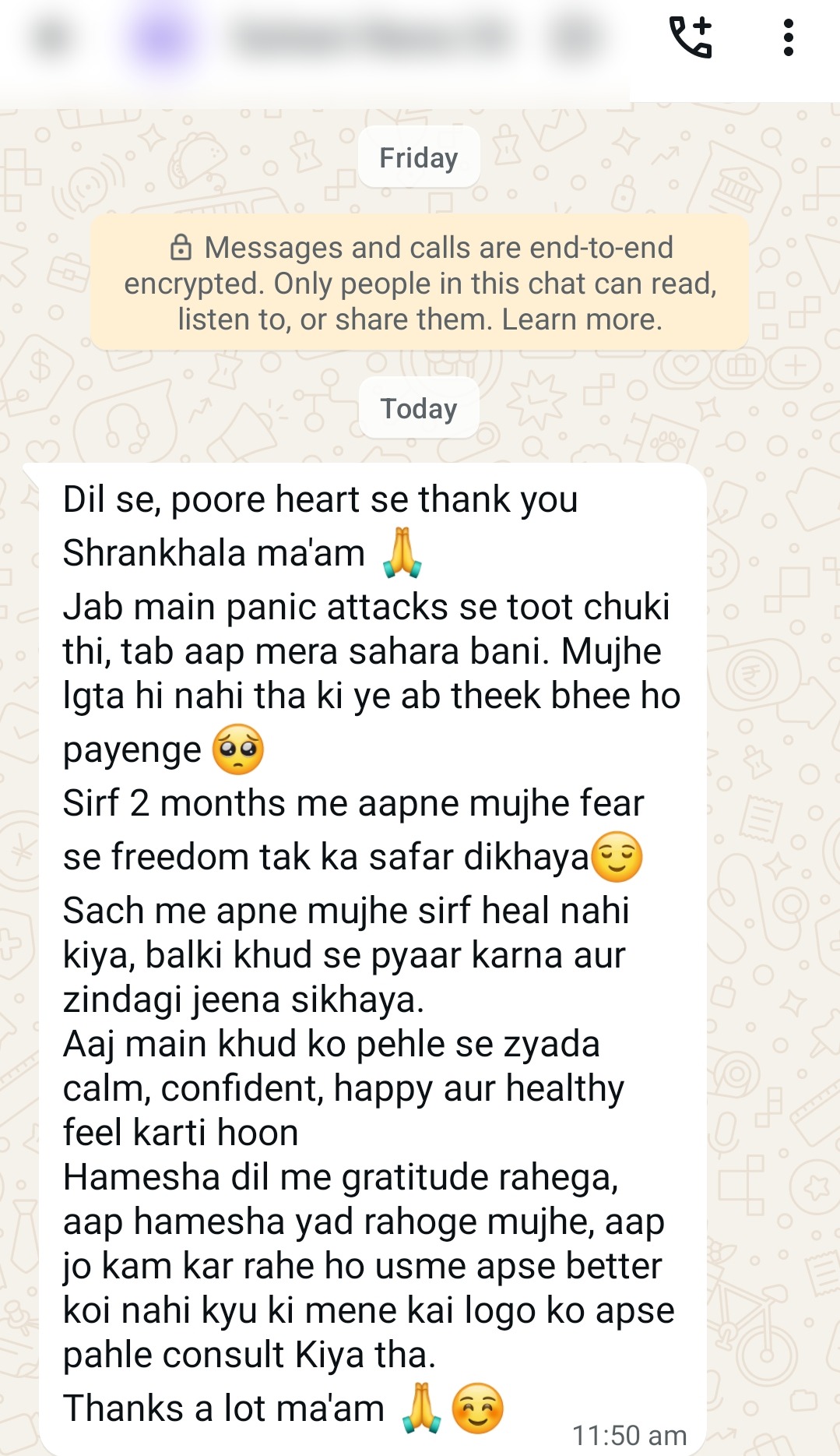 NLP testimonial shared by a verified client