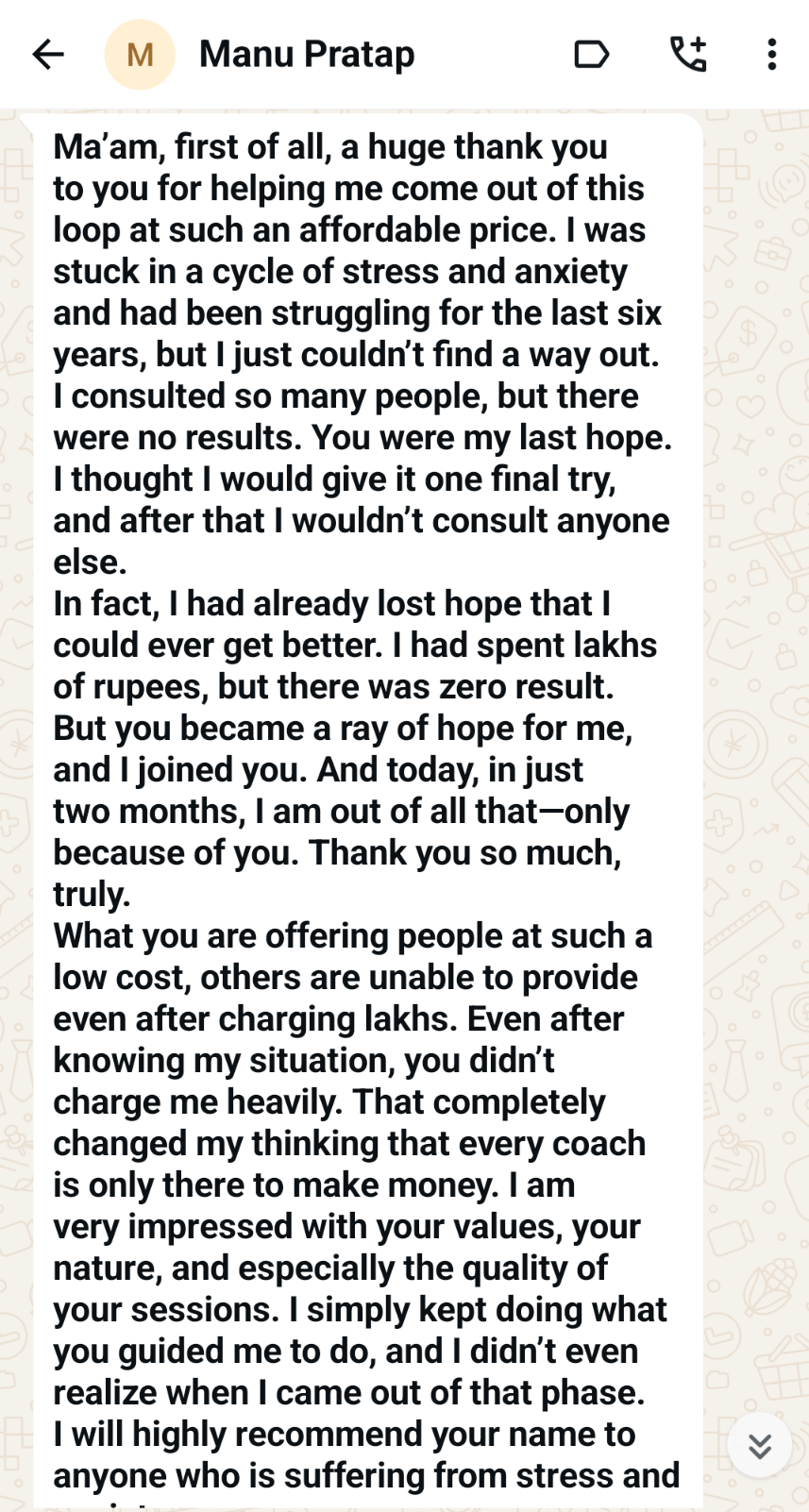 NLP testimonial shared by Manu
